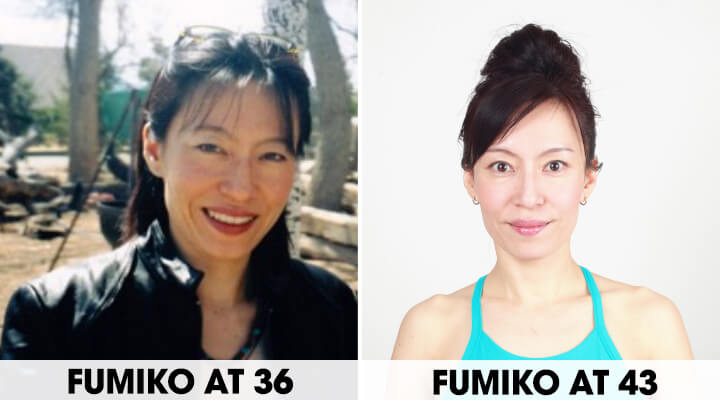 Two photos featuring comparison of Fumiko Takatsu (a woman with black hair) at ages 36 and 42