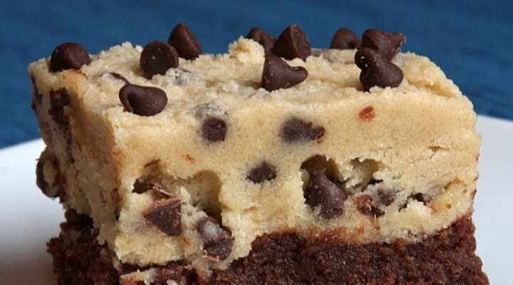 Photo of a chocolate chip cookie dough brownie.
